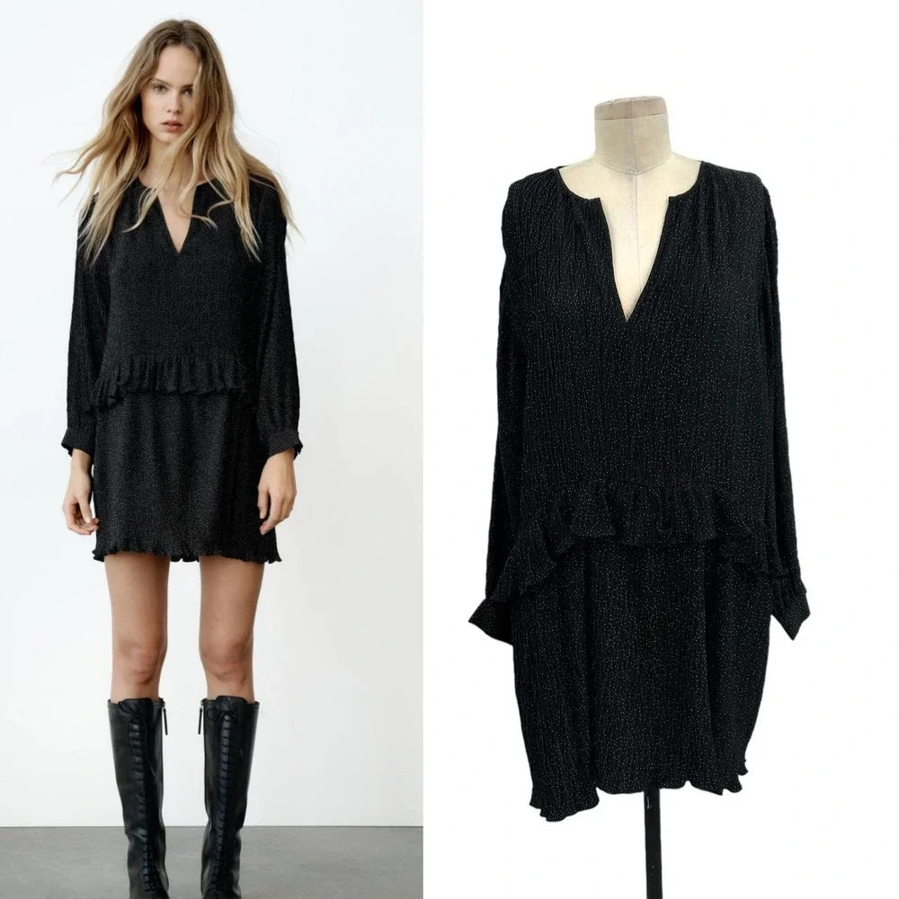 Zara‎ Micro Dot Pleated Tiered Mini Dress Black Size Medium